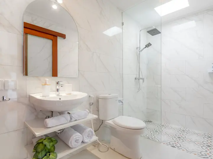 Marble bathroom with walk-in shower