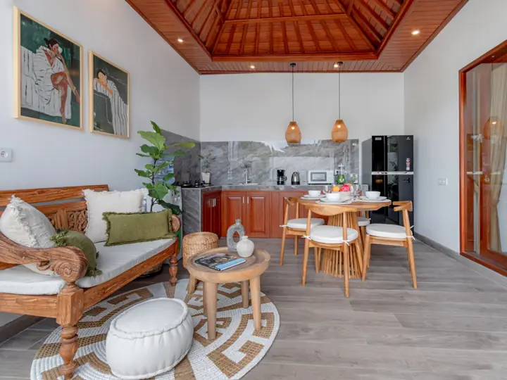 Living room, kitchen and dining area